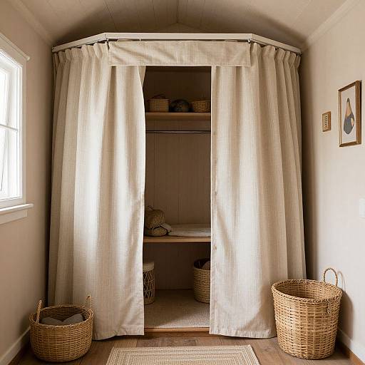 Photograph of a small, sunlit laundry room with white curtains, wicker baskets, wooden floor, and framed artwork on white walls.