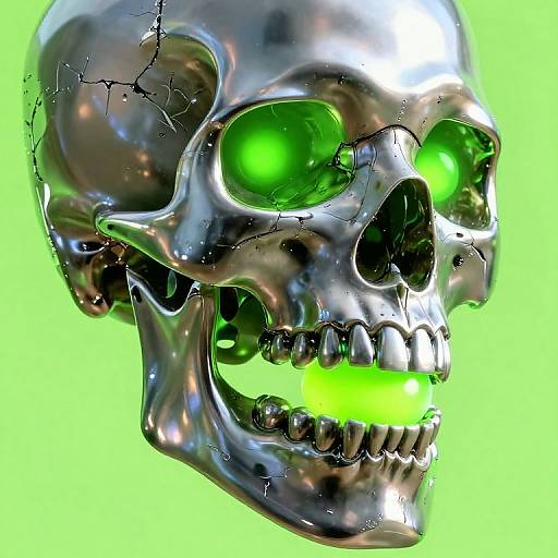 Digital CGI of a shiny, cracked silver skull with glowing green eyes and teeth, against a neon green background.