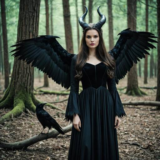 Woman in Maleficent-Inspired Costume with Black Wings and Crow in Forest
