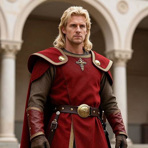 Photorealistic digital image of a blonde, muscular man with blue eyes, wearing a red medieval knight's tunic with gold trim, black leather gloves