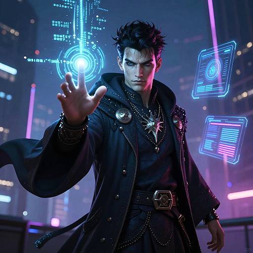 CGI image of a serious, dark-haired man in a black, ornate coat, casting a glowing blue hologram with his right hand. Neon