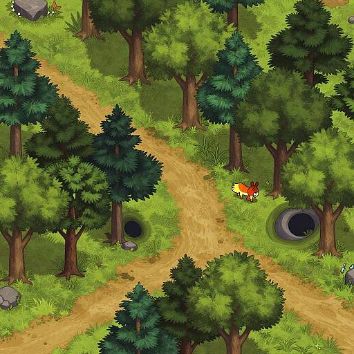 Digital drawing of a forest with a yellow dirt path, tall green trees, two black caves, a red fox, and a gray rock.