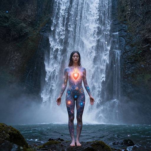 Photograph of a woman with glowing heart and blue patterns on her body, standing in front of a luminous waterfall.