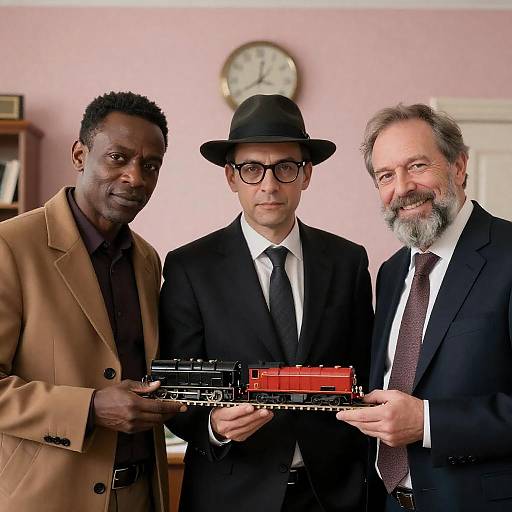 Three Men in a Room with Model Trains
