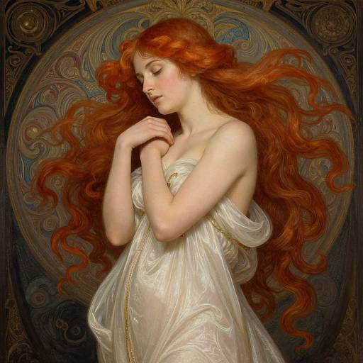 Digital painting of a fair-skinned, red-haired woman with flowing locks, softly wrapped in a translucent white gown, against a swirling, ornate background