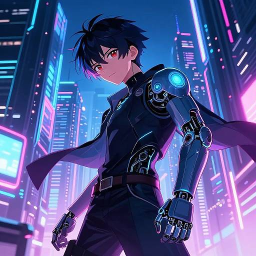 Cyberpunk anime-style drawing of a black-haired, red-eyed man with a robotic right arm standing in a neon-lit cityscape.