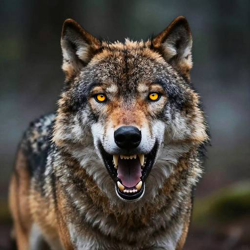 Photograph of a fierce, close-up wolf with glowing yellow eyes, sharp teeth, and a snarling expression, set against a blurred forest background
