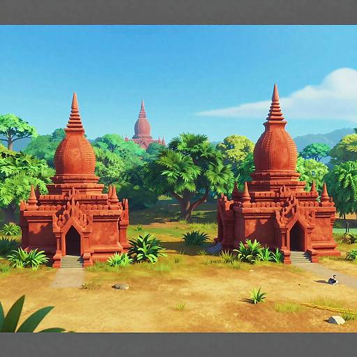 Bright digital illustration of two red, intricately designed Buddhist stupas with pointed roofs, surrounded by lush green trees and yellow grass, under a clear blue