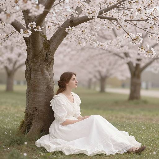 Photograph of a woman with brown hair, wearing a white dress, sitting against a cherry blossom tree, surrounded by blooming pink flowers in a serene