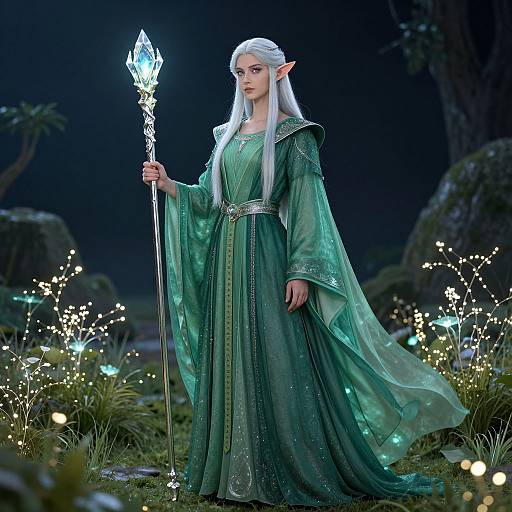 Elegant elf woman with long white hair, pointed ears, and green gown holding a glowing crystal staff, standing in a magical forest. CGI artwork.
