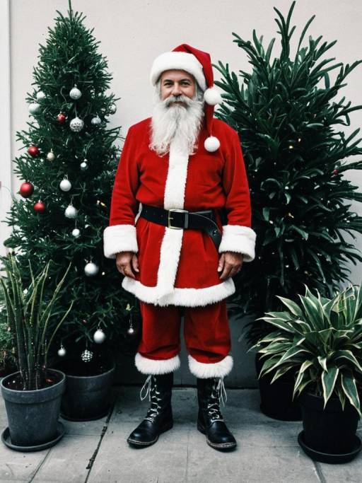 Man in Santa Costume Standing by Christmas Trees