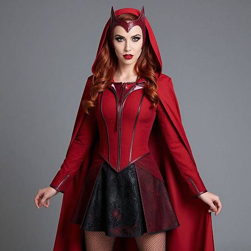 Photograph of a fair-skinned woman with long red hair, wearing a red hooded cape, red corset, black skirt, fishnet stockings