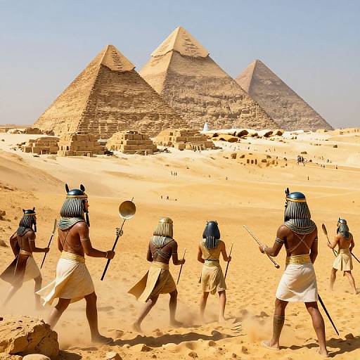 Photograph of Ancient Egyptian soldiers in traditional attire and striped headpieces marching towards Giza pyramids with three large pyramids in the background under a clear