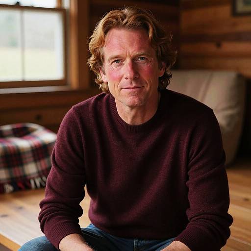 Photograph of middle-aged man with wavy brown hair, wearing a dark purple sweater, seated in a wooden cabin, smiling gently. Warm, natural