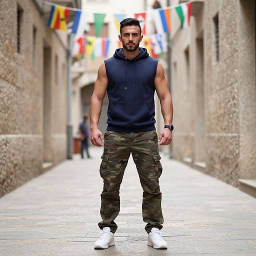 Muscular Man in Navy Hoodie and Camo Pants in Alley