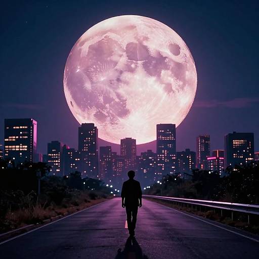 Person Walking Under Massive Moon with City Skyline
