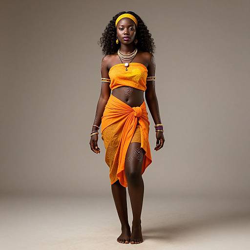 Photograph of a tall, dark-skinned African woman with curly hair, wearing an orange strapless top and wrap skirt, accessorized with jewelry,