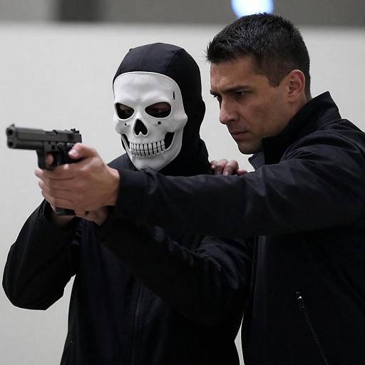 Man Grips Skull-Masked Figure Aiming Gun