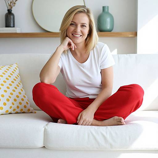 Photograph of a smiling blonde woman with shoulder-length hair, wearing a white t-shirt and red pants, sitting cross-legged on a white couch with yellow