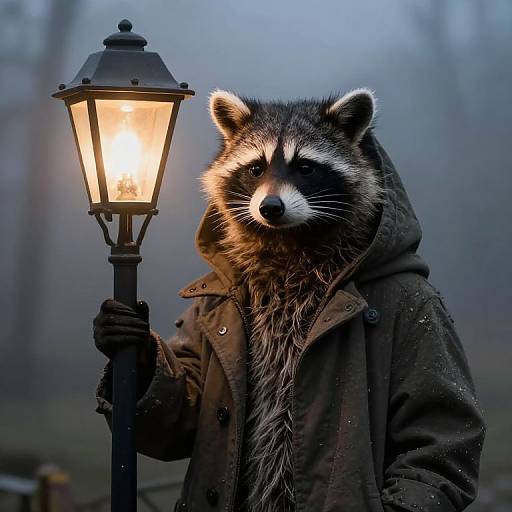 Photograph of a raccoon in a dark brown coat, holding a glowing streetlamp, in a foggy, forested background at twilight.