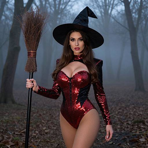 Photograph of a sexy woman in a red sequin witch costume, black hat, holding a broom, standing in a foggy forest.