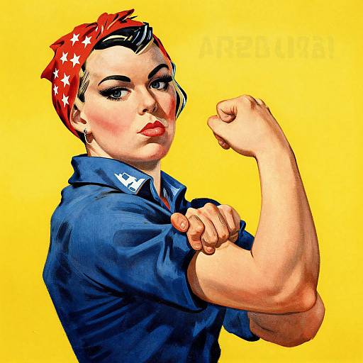 Vintage-style digital illustration of a strong, fair-skinned woman with red star-patterned headscarf, blue shirt, flexing her right arm against