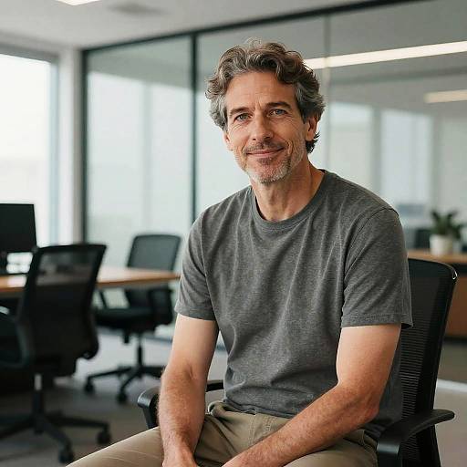 Photograph of a middle-aged man with gray curly hair, gray t-shirt, and beige pants, smiling in a modern office with large windows and black