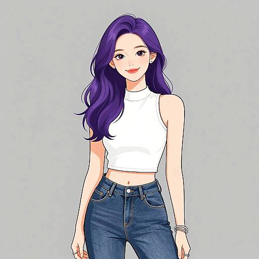 Digital anime-style drawing of a smiling woman with long purple hair, wearing a white sleeveless crop top and blue jeans.