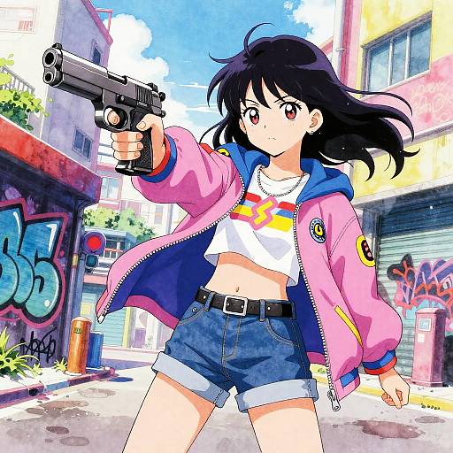 Anime Girl with Pistol in Urban Streetwear