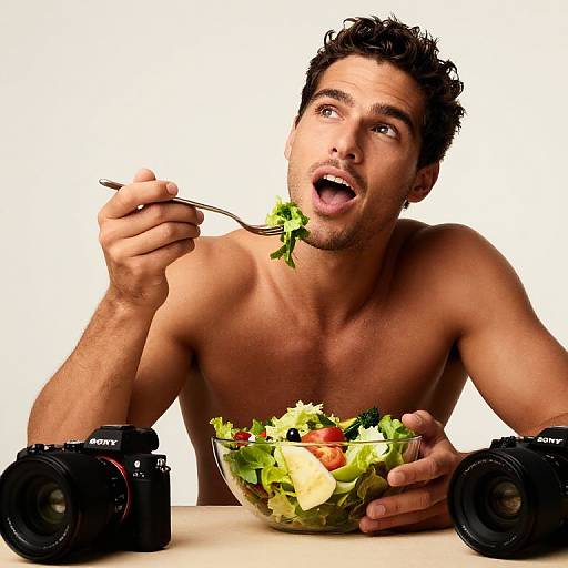 Photograph of a shirtless, dark-haired man with a surprised expression, eating salad with a fork, surrounded by two Sony cameras.