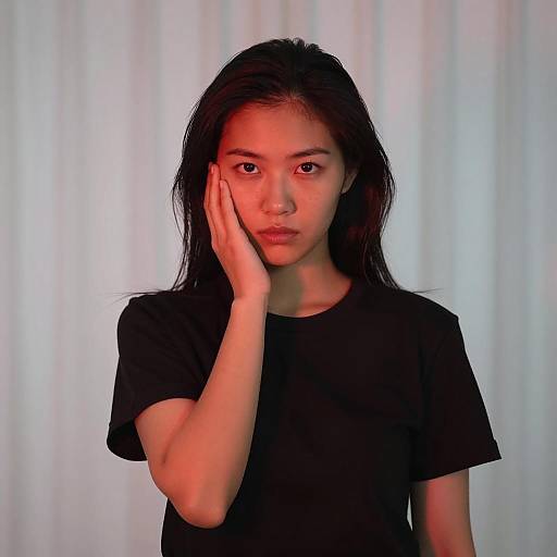 Serious Asian Woman in Red Light