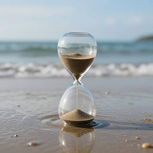 Photograph of a clear glass hourglass with sand, standing on a wet, sandy beach with gentle waves and a blue sky in the background.
