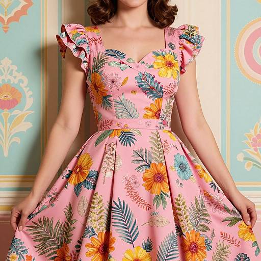 Retro Rockabilly Woman in Floral Dress