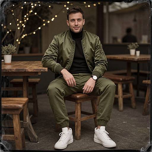 Photograph of a young man with short dark hair, wearing a green bomber jacket, black turtleneck, olive pants, and white sneakers, sitting
