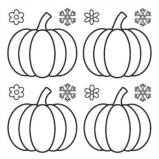 Black and white line drawing of four pumpkins with simple, curved stems, surrounded by small, flower-like shapes.