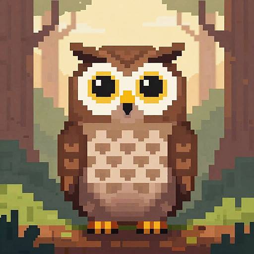 Pixel art of a large, brown and beige owl with yellow eyes perched on a green tree branch in a forest.