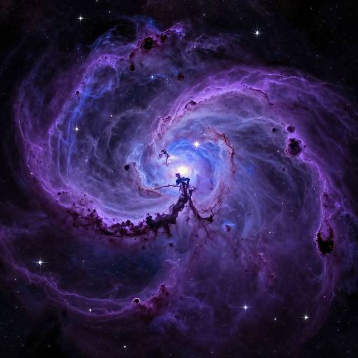 Photograph of a vibrant, swirling galaxy with purple and blue nebulae, illuminated core, and dark cosmic dust, set against a star-studded