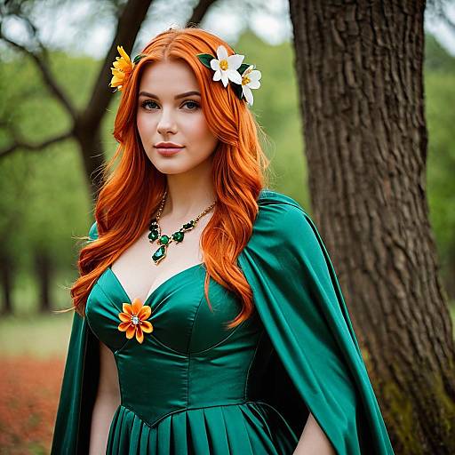 Woman in Green Dress with Red Hair and Floral Accessories