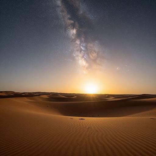 Photograph of a desert sunset with rippled sand dunes, bright orange sun, and the Milky Way galaxy stretching across the starry sky.