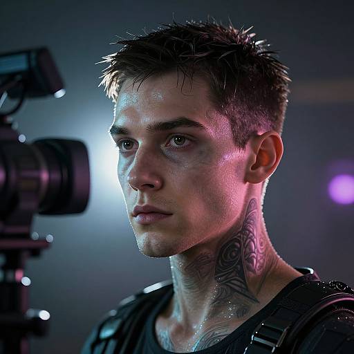 Photograph of a young, tattooed man with short, spiked hair, intense gaze, and illuminated face, standing beside a camera in a dark,