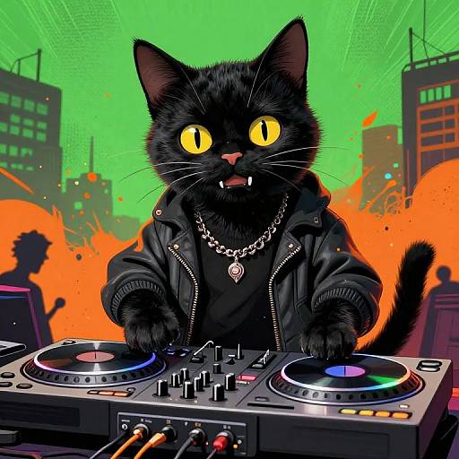 Stylish Black Cat DJ Illustration