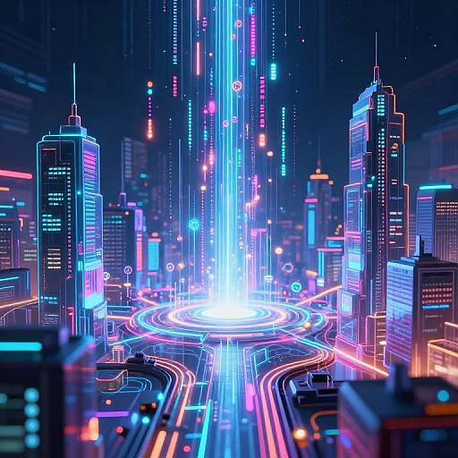 Neon-lit futuristic cityscape with glowing skyscrapers, vibrant blue and pink lights, and a central bright light beam. Digital art style.