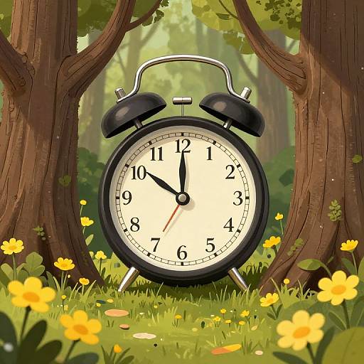 Digital illustration of a black, twin-bell alarm clock with black hands, standing on grassy forest floor, surrounded by yellow flowers and tall trees with