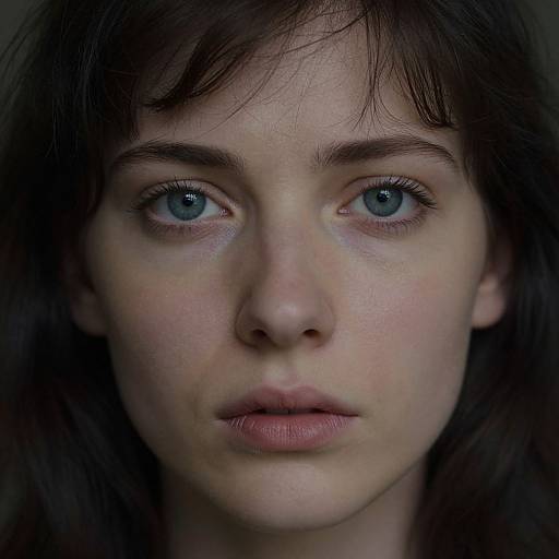 Close-up photograph of a young woman with fair skin, blue eyes, and dark brown hair, looking directly at the camera with a neutral expression.