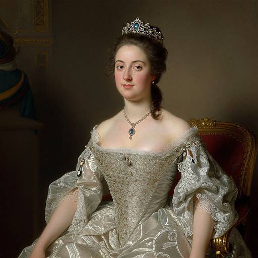 Portrait of a young, fair-skinned noblewoman with dark brown hair, wearing an ornate silver crown, diamond necklace, and off-shoulder