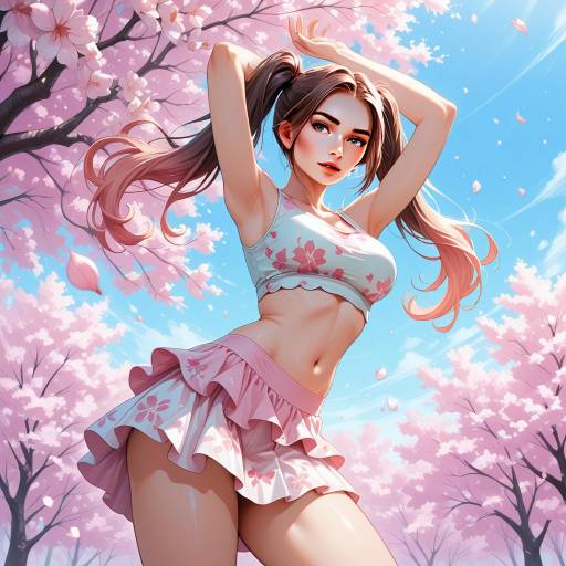 Dynamic Girl in Floral Cherry Blossom Scene