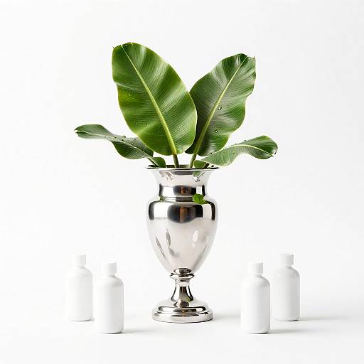 Reflective Silver Urn with Banana Leaf