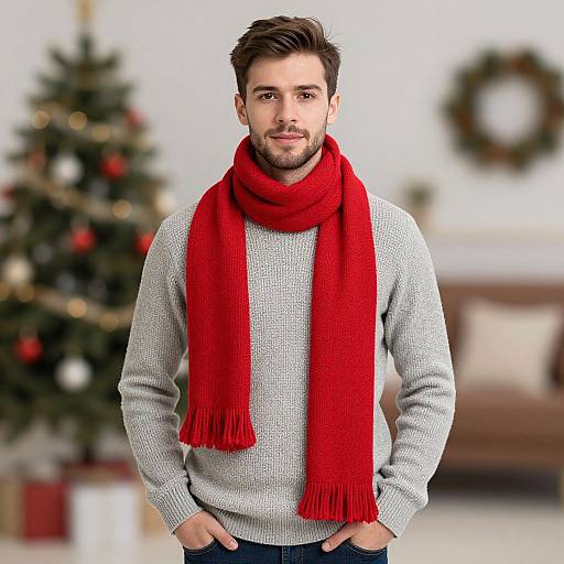 Photograph of a handsome, bearded man with light skin, brown hair, wearing a gray sweater and bright red scarf, standing in a festive living