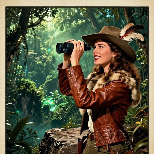Vintage-style photograph of a smiling woman in a brown leather jacket, fur-trimmed, with a brown hat and feather, using binoculars in