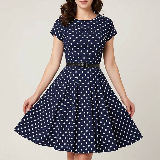 Photograph of a woman in a navy blue, short-sleeved polka dot dress with a black belt, smiling, against a plain white background